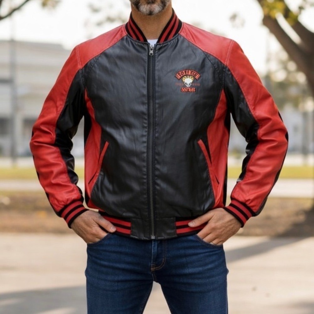 Steve & Barrys Mens XL Outlaw Cycles Custom Garage Faux Leather Bomber Jacket - Picture 2 of 4